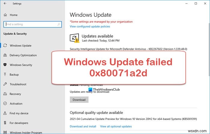 WindowsUpdateがエラーコード0x80071a2dで失敗しました 