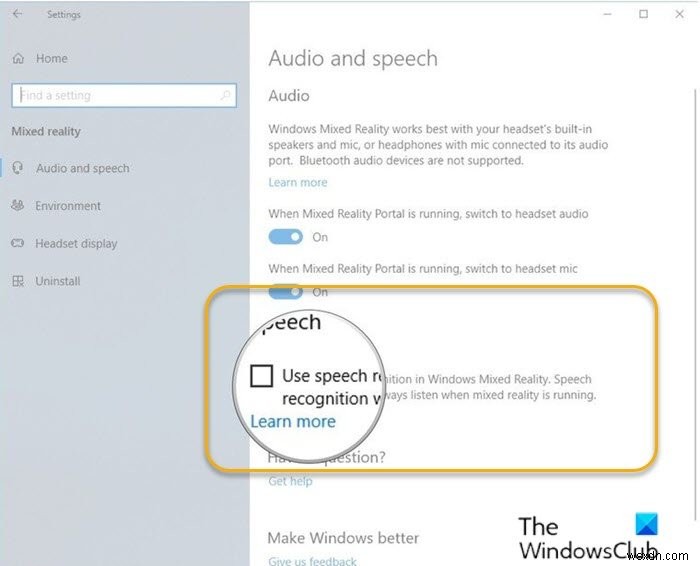 オンまたはオフにする方法Windows10でのWindowsMixedRealityでの音声認識の使用 
