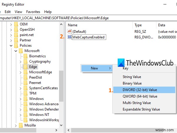 Windows10のレジストリを使用してMicrosoftEdgeでWebキャプチャを無効にする 