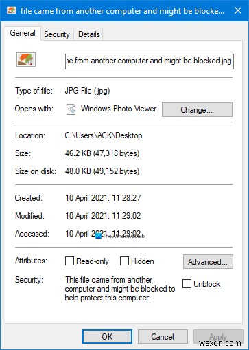 このファイルは別のコンピューターからのものであり、このコンピューターを保護するためにブロックされている可能性があります 