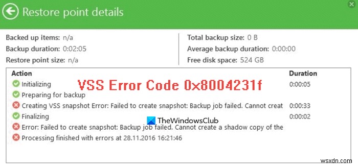 Windows11/10のVSSエラーコード0x8004231fを修正 