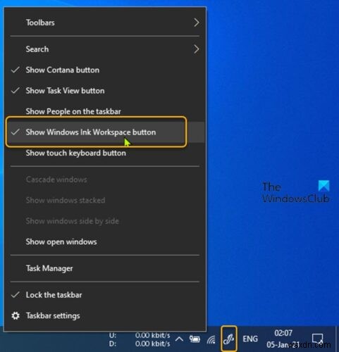 Windows10のタスクバーでWindowsインクワークスペースボタンを表示または非表示にする方法 