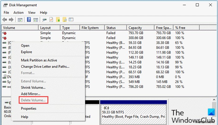 Windows 11/10では[ボリュームの削除]オプションがグレー表示されているため、ディスクパーティションを削除できません 