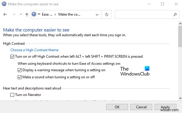 Windows11/10でハイコントラストの警告メッセージとサウンドを有効または無効にする 