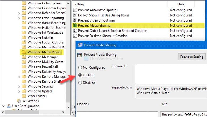 ユーザーがWindowsMediaPlayerを介してメディアを共有できないようにする方法 