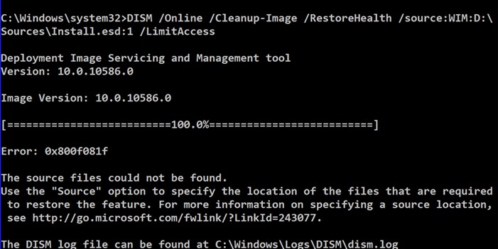 SFCは修復に失敗し、DISMはWindows10でエラー0x800f081fを表示します 