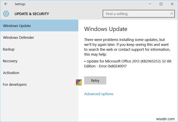 WindowsUpdateのダウンロードまたはインストール中にエラー0x80240017 