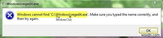 WindowsがC：/Windows/regedit.exeを見つけることができません 
