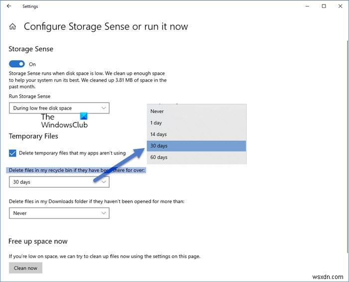 Windows10のStorageSenseを使用して、ダウンロードフォルダーとごみ箱内のファイルを自動的に削除します 