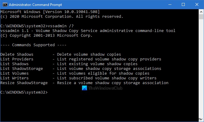 Vssadminコマンドラインを使用してWindows11/10でVSSを管理する方法 