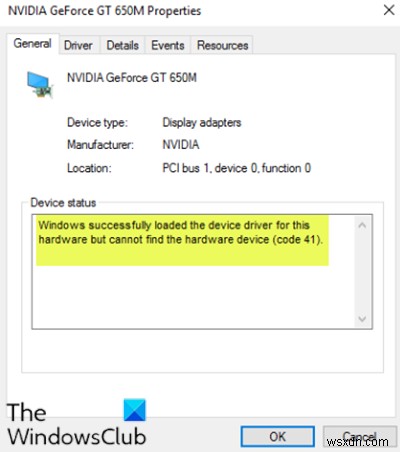 Windowsはこのハードウェアのデバイスドライバーを正常にロードしましたが、ハードウェアデバイスが見つかりません（コード41） 