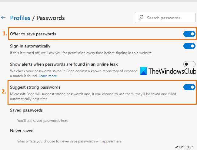 Windows10のEdgeブラウザーで推奨パスワードを無効または有効にする方法 