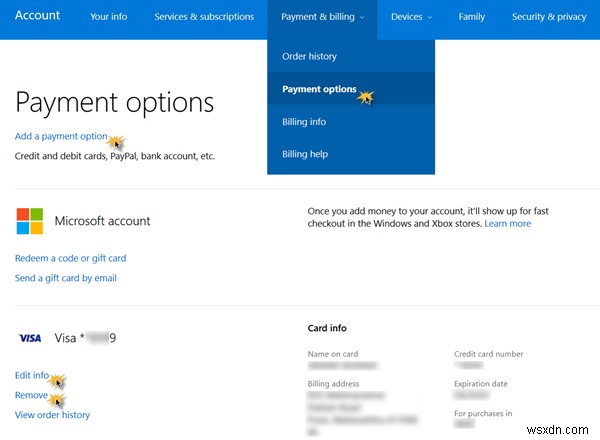 Windows 10のMicrosoftStoreでのクレジットカードの追加、編集、削除 