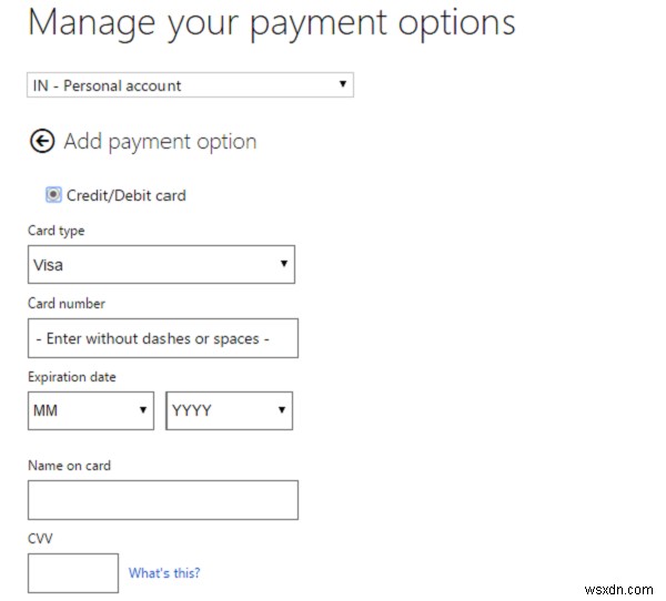 Windows 10のMicrosoftStoreでのクレジットカードの追加、編集、削除 