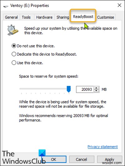 Windows10のドライブプロパティでReadyBoostタブを追加または削除する方法 