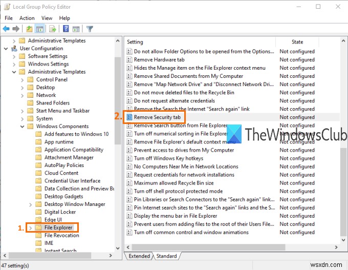 Windows 10のファイルエクスプローラーで[セキュリティ]タブを追加または削除するにはどうすればよいですか？ 