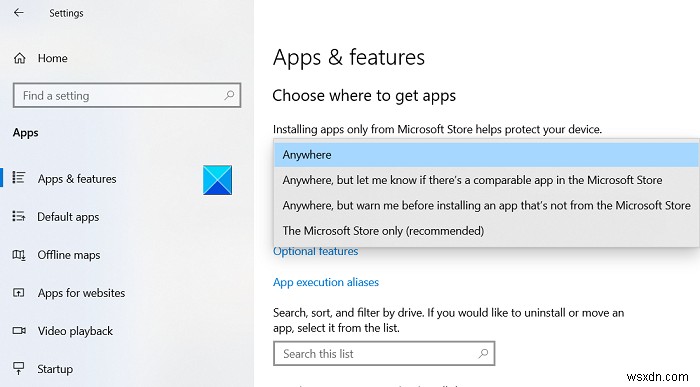アプリを入手する場所を選択するオプションは、Windows10の設定でグレー表示されています 