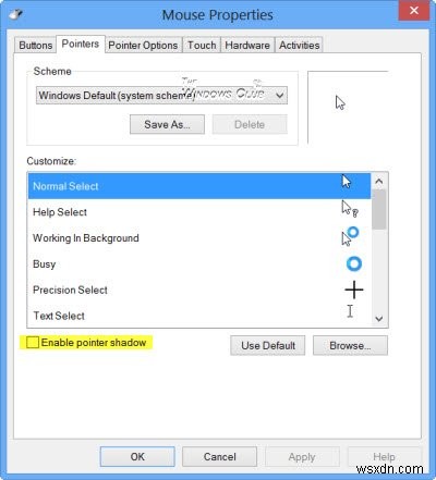 Windowsマウスポインタシャドウ機能を無効または有効にする方法 