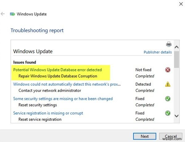 Windows11/10で検出された潜在的なWindowsUpdateデータベースエラー 