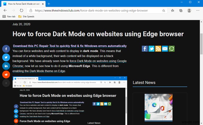 Edgeブラウザを使用してWebサイトでダークモードを強制する方法 