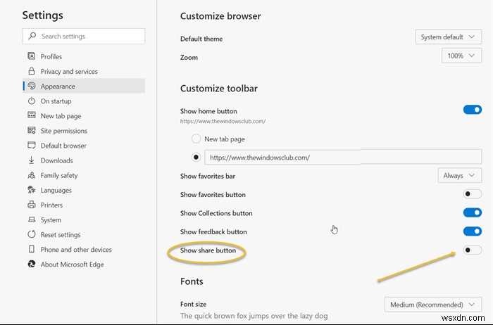 MicrosoftEdgeブラウザで共有ボタンを表示または非表示にする方法 