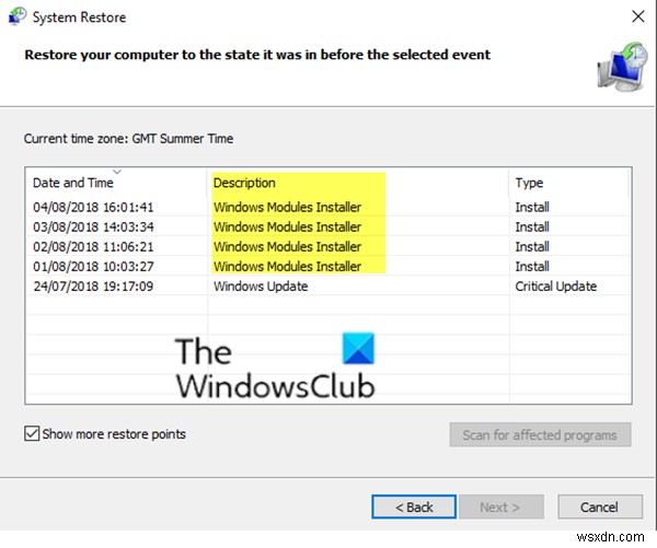 Windowsモジュールインストーラーにリストされているシステムの復元ポイントがWindows11/10で失敗する 