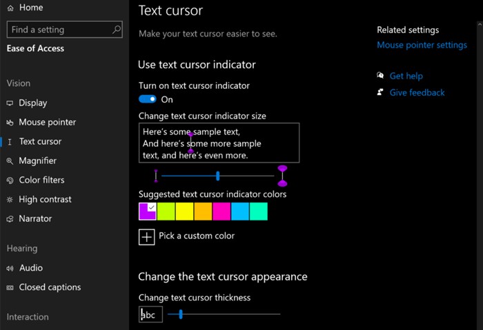 Windows 10では、テキストカーソルをカスタマイズできます。拡大鏡とスクリーンリーダーの改善を取得 