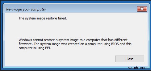 Windowsは、ファームウェアが異なるコンピューターにシステムイメージを復元できません 