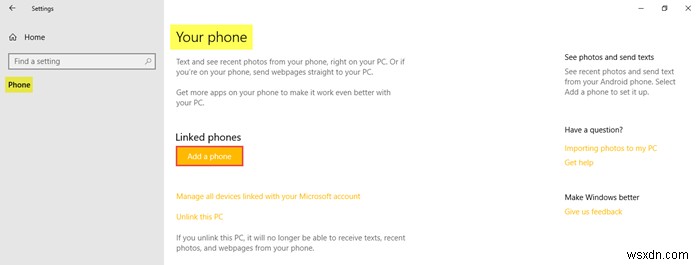 Windows10の電話設定を介して電話を追加する方法 
