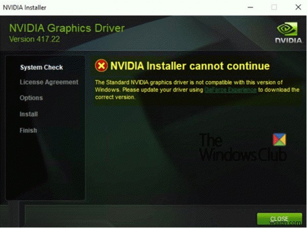 NVIDIAインストーラーはWindows11/10で続行できません 