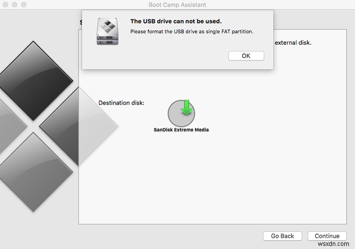 USBドライブを単一のFATパーティションとしてフォーマットしてください：Boot Camp Assistant 