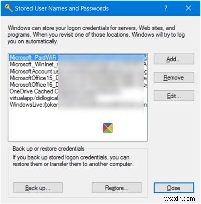 Windows 11/10で保存されたユーザー名とパスワードを検索、追加、削除、編集、バックアップ、復元 