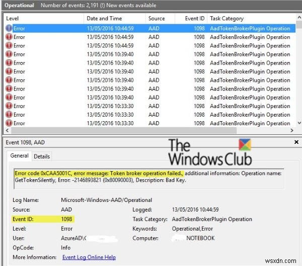 イベントID1098：エラー0xCAA5001C、Windows10でトークンブローカーの操作に失敗しました 