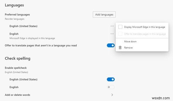 ウェブサイトの言語翻訳を無効または有効にします。 MicrosoftEdgeで表示言語を追加または変更する 