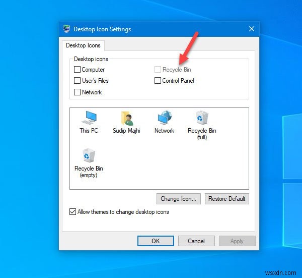 ごみ箱は、Windows10のデスクトップアイコン設定でグレー表示されます 