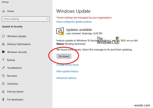 WindowsUpdateページの[問題を修正する]ボタン 