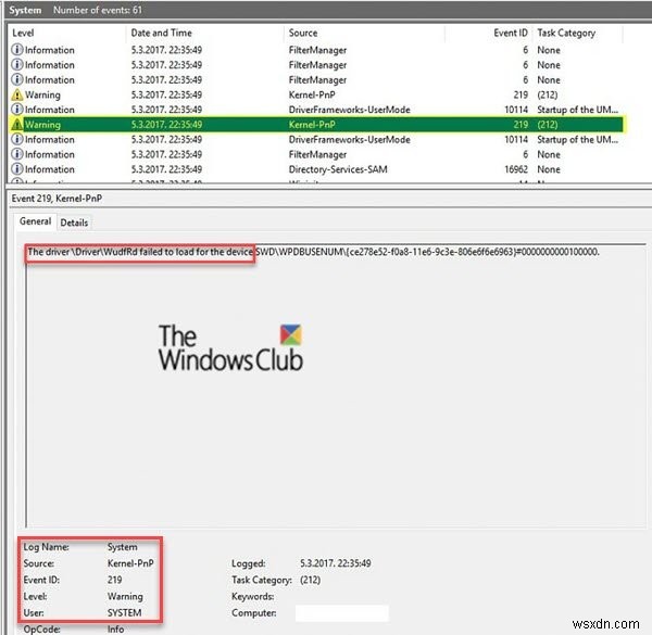 デバイスが接続されたときのイベントID219エラー。ドライバーWUDFRDのロードに失敗しました 