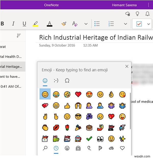 OneNote forWindows10でグラフィカルステッカーまたは絵文字を追加する方法 