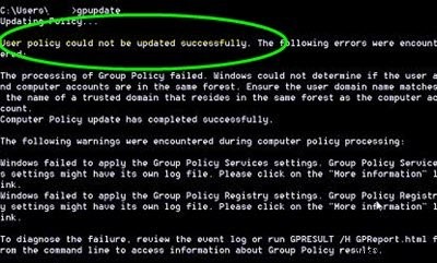 コンピューターポリシーを正常に更新できませんでした。グループポリシーの処理に失敗しました 
