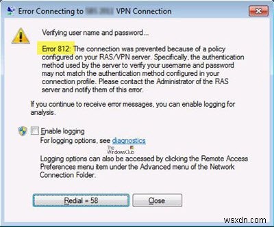 VPNエラー812、RAS/VPNサーバーで構成されたポリシーのために接続が妨げられました 