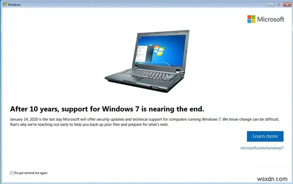 Windows7のサポート終了通知を無効または停止する方法 
