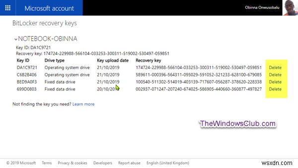 Windows10のOneDriveからBitLocker回復キーを削除する方法 