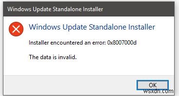 Windows Updateオフラインインストーラーでエラー0x8007000dが発生しました、データが無効です 