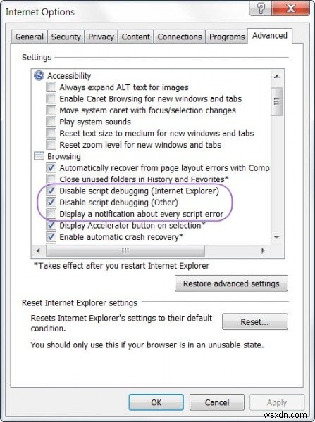 Windowsコンピュータでスクリプトエラーとランタイムエラーメッセージを無効にする 