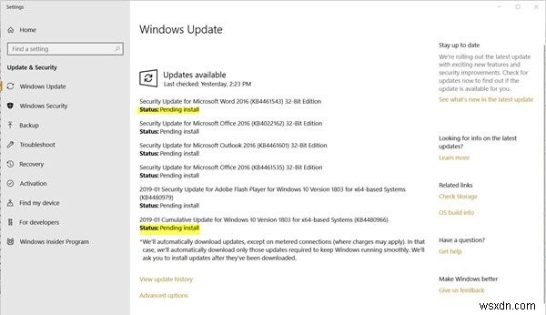 Windows Updateのステータスインストールまたはダウンロードの保留中、初期化中、ダウンロード中、インストール中、インストール待ち 