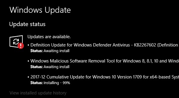 Windows Updateのステータスインストールまたはダウンロードの保留中、初期化中、ダウンロード中、インストール中、インストール待ち 