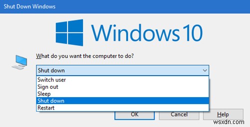 Windows 10で[シャットダウン]ダイアログボックス（Alt + F4）を開くためのショートカットを作成します 
