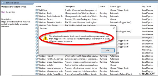 Windows Defenderアンチウイルスネットワーク検査サービスが開始され、その後停止されました 