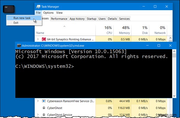 Ctrlキーを使用してタスクマネージャーからコマンドプロンプトを開く方法 