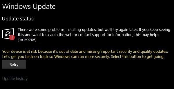 Windows10でのWindowsUpdateエラー0xc1900403を修正 